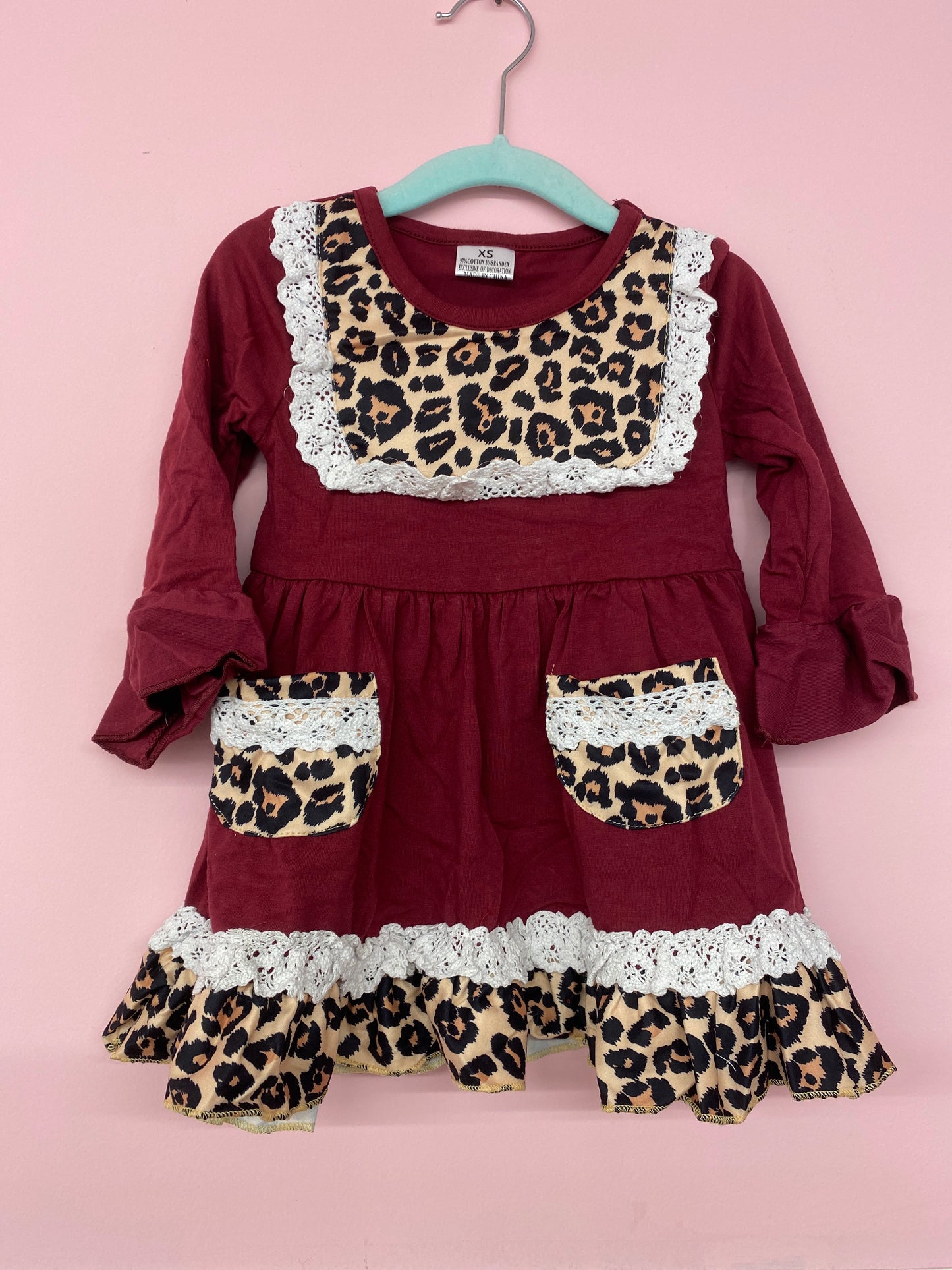 Burgundy Cheetah Long Sleeve Dress