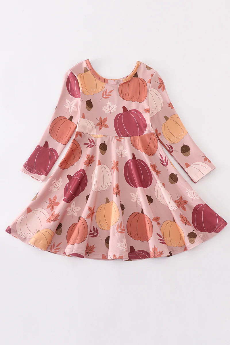 Pink Leaves Pumpkin Twirl Dress