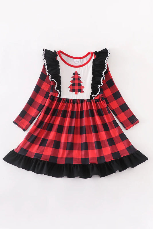 Red Plaid Christmas Tree Ruffle Dress