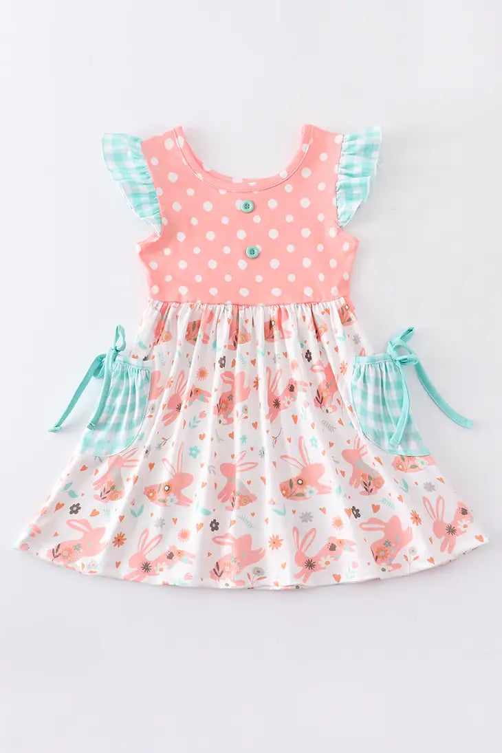 Coral Dot and Rabbit Print Ruffle Dress